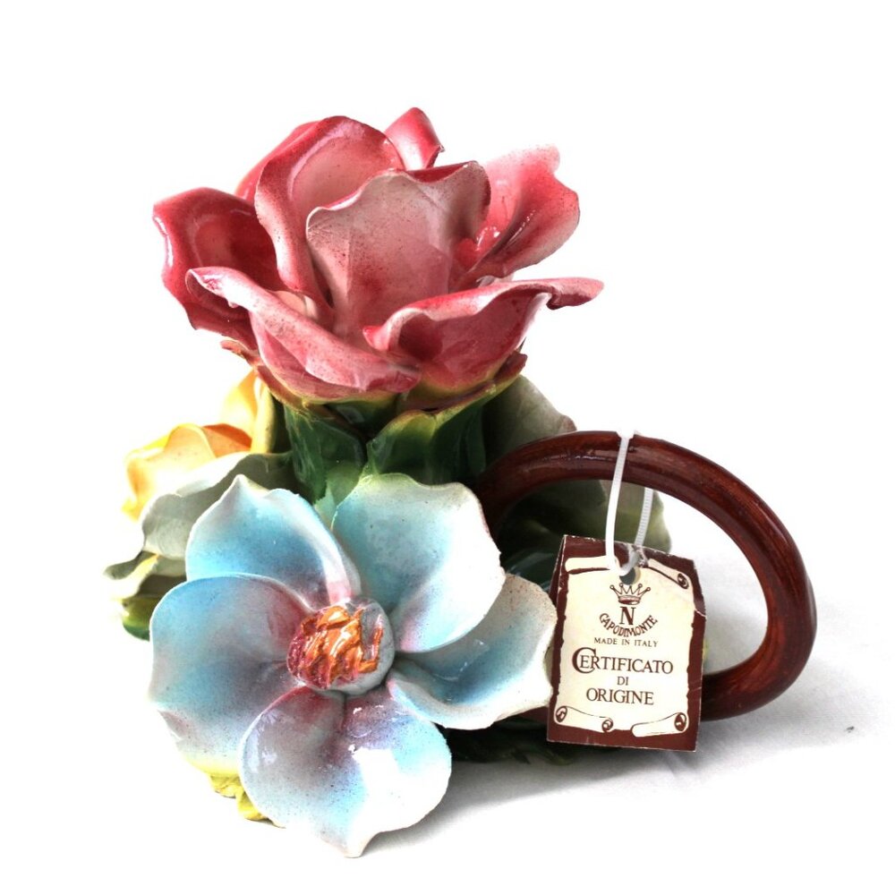 Capodimonte Single Candle Holder with Large Roses Made in Italy